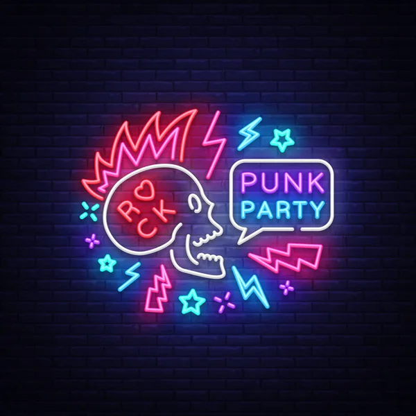 Punk Party Neon Sign Vector. Rock music logo, night neon signboard, design element invitation to Rock party, concert, festival, night bright advertising, light banner. Vector illustration — Stock Vector