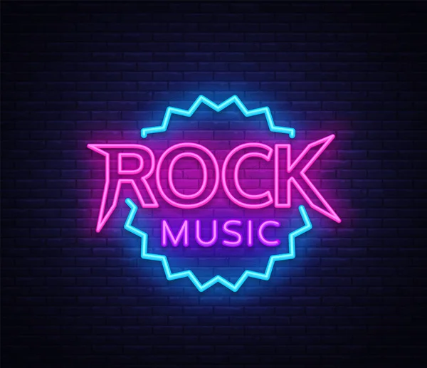 Rock Music Vector Neon. Música Rock Signo de neón, Signo de noche brillante, Banner de luz, Promoción de música en vivo de noche de neón, Vector de vida nocturna — Vector de stock
