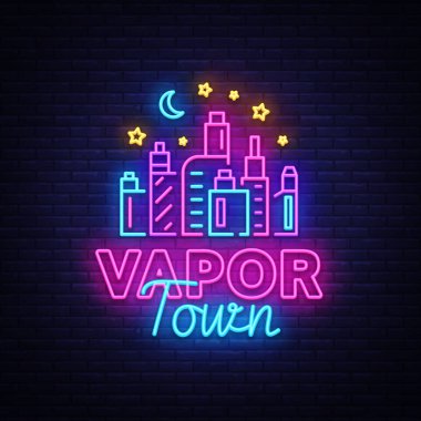 Vape dükkanı neon işareti vektör. Vaping mağaza Logo Amblem Neon, onun Vape salonu konsept buharı kasaba yasaktır mücadele. Baskı ve t-shirtler reklam için moda tasarımcısı öğeleri. Vektör çizim