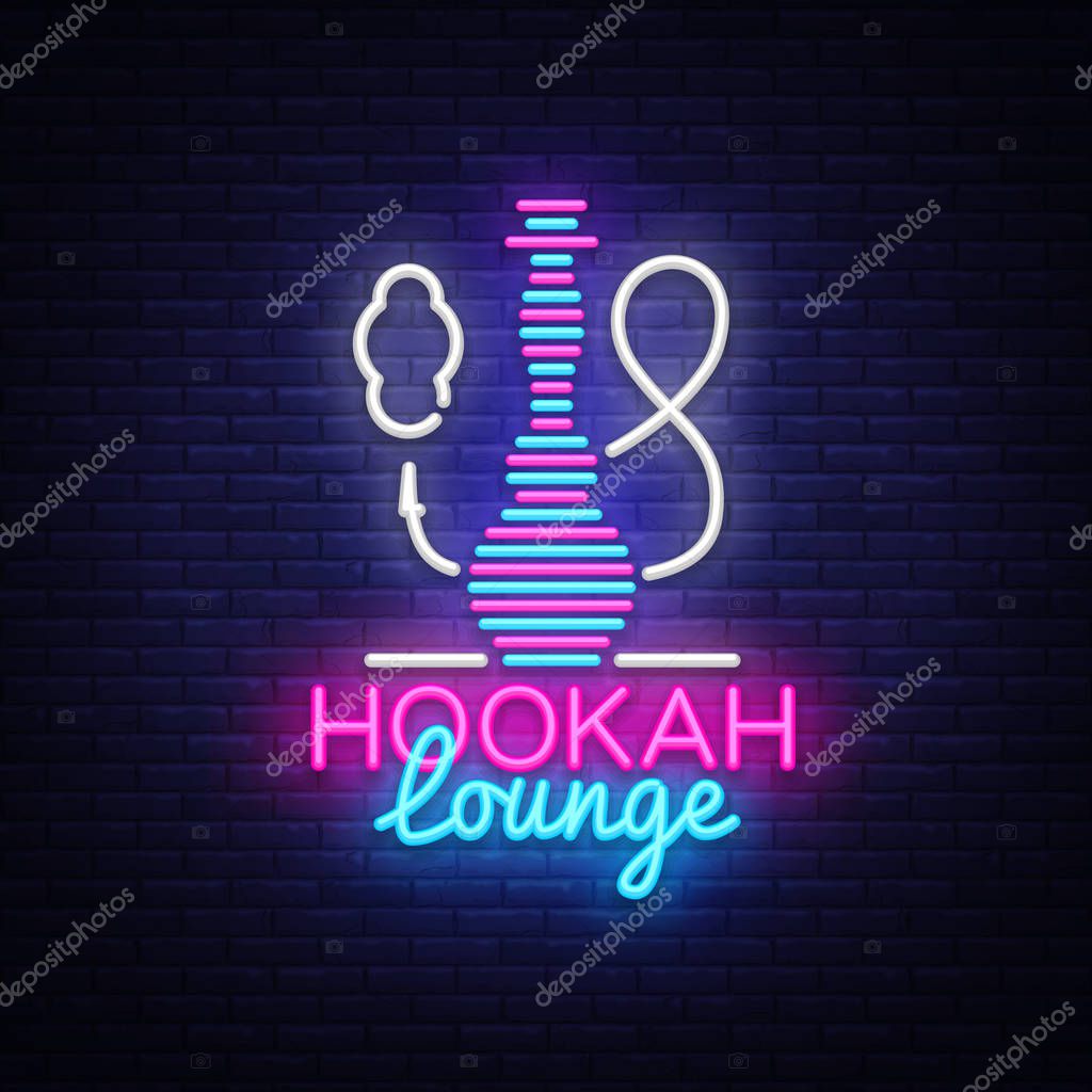 Hookah neon sign vector. Hookah Lounge logo in neon style design pattern bright advertising Hookah night, light banner design element. Vector illustration.