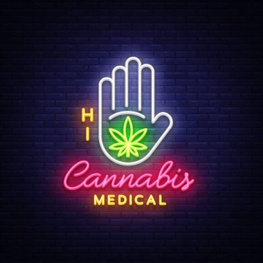 Marihuana tıbbi neon tabela ve logosu, modern trend tarzı grafik şablonu. Esrar bir organik kenevir olduğunu. Yeşil çiftlik vektör çizimler