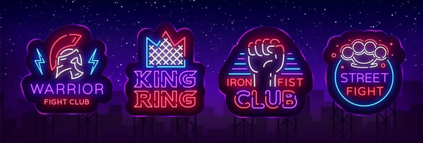 Fight Club koleksi neon tanda-tanda. Atur logo dalam gaya neon. Templat desain. King of the Ring, Warrior, Iron Fist, Street Fight MMA. Panji ringan, malam yang cerah iklan neon. Vektor. Billboard - Stok Vektor