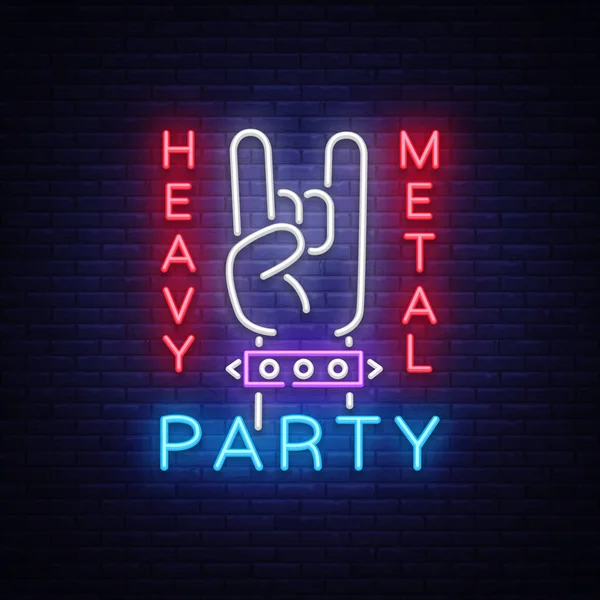 Βαρύ μέταλλο κόμμα νέον σύμβολο διάνυσμα. Λογότυπο μουσική ροκ, νύχτα πινακίδα νέον, σχεδιασμός στοιχείο πρόσκληση σε πάρτι του Rock, συναυλία, φεστιβάλ, νύχτα Φωτεινή διαφήμιση, ελαφρύ πανό. Εικονογράφηση διάνυσμα — Διανυσματικό Αρχείο