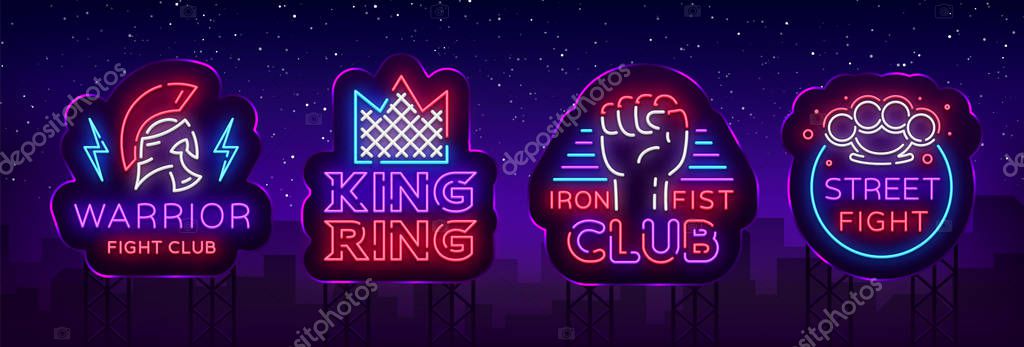 Fight Club collection neon signs. Set logo in neon style. Design template. King of the Ring, Warrior, Iron Fist, Street Fight MMA. Light banner, bright night neon advertisement. Vector. Billboard.