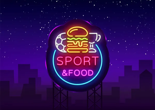 Sport Food Neon segno vettoriale. Logo sportivo in stile neon, cartello luminoso, cartellone pubblicitario luminoso, pubblicità notturna al neon, bar sportivo, pub, sala da pranzo, calcio online, fan club. Vettore. Cartellone — Vettoriale Stock