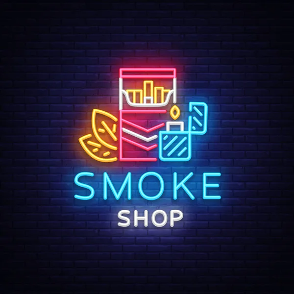 Logo Smoke Store Neon Vector. Boutique de cigarettes enseigne au néon, illustration vectorielle de modèle de conception vectorielle sur le thème du tabac, publicité de cigarette de nuit brillante. Vecteur — Image vectorielle