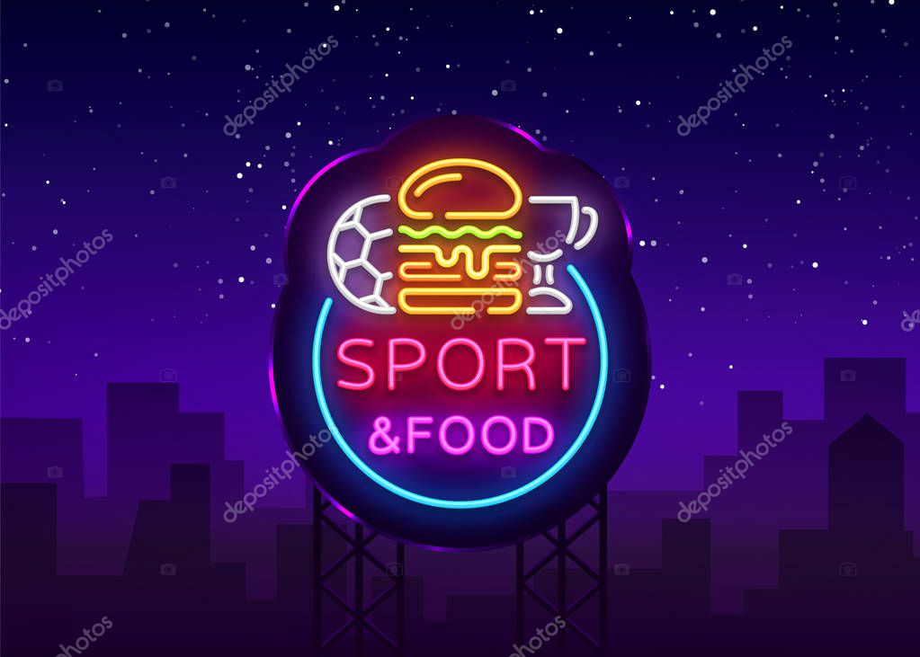 Sport Food Neon Sign Vector. Sports food logo in neon style, light signboard, bright billboard, night neon advertising, sports bar, pub, dining room, football online, fan club. Vector. Billboard.