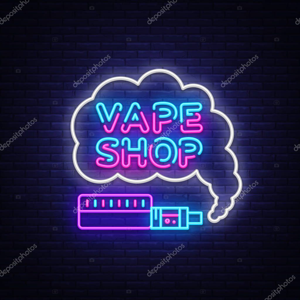 Vape Shop Logo Neon Vector. Vape neon sign design template on theme electronic cigarettes, light banner, night bright advertising for Vaping store, Trendy modern design. Vector Illustration.