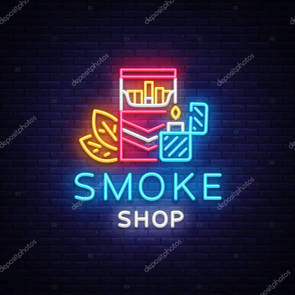 Smoke Store Logo Neon Vector. Cigarette shop neon sign, vector design template vector illustration on tobacco theme, bright night cigarette advertisement. Vector illustration