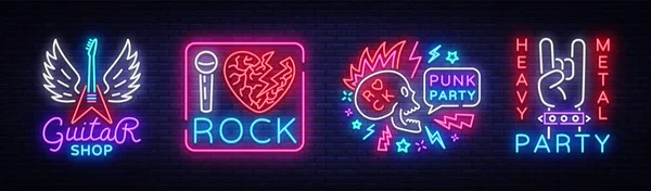 Coleção de música rock Neon Signs Vector. Logotipos do jogo da música do rock, loja da guitarra, tabuleta do neon da noite, convite do elemento do projeto à festa do rock, concerto, festival, propaganda brilhante da noite. Vetor —  Vetores de Stock