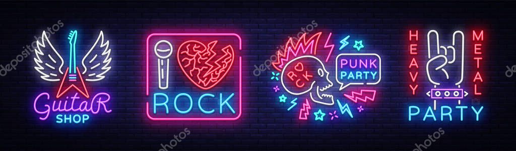 Rock Music collection Neon Signs Vector. Rock music set logos, Guitar Shop, night neon signboard, design element invitation to Rock party, concert, festival, night bright advertising. Vector.