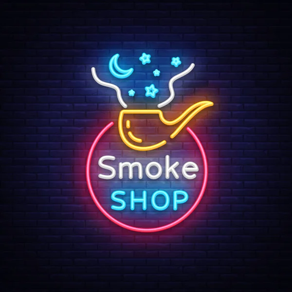 Logo Smoke Store Neon Vector. Boutique de cigarettes enseigne au néon, illustration vectorielle de modèle de conception vectorielle sur le thème du tabac, publicité de cigarette de nuit brillante. Vecteur — Image vectorielle