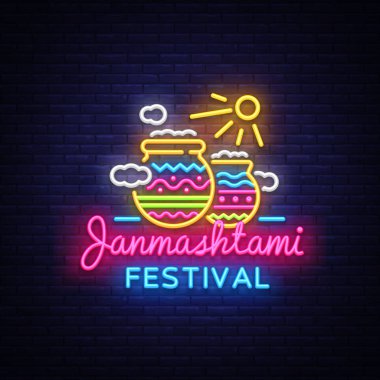 Janmashtami festival neon tabela tasarım şablonu vektör. Krişnalara Doğum günü Festival Illustration. Hint tatil tasarım öğesi, ışık afiş, neon tasarım kutlama. Vektör çizim