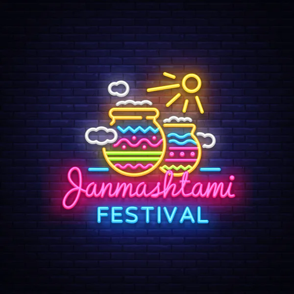 Janmashtami festival neon tabela tasarım şablonu vektör. Krişnalara Doğum günü Festival Illustration. Hint tatil tasarım öğesi, ışık afiş, neon tasarım kutlama. Vektör çizim