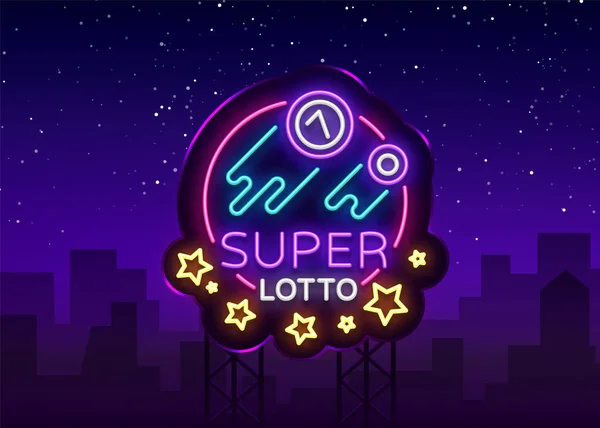Super loto νέον σύμβολο. Bingo λόττο λογότυπο σε ένα neon στυλ, φωτεινό σύμβολο, lototron, νέον banner, φωτεινή νύχτα διαφήμιση για τα έργα σας. Εικονογραφήσεις φορέα. Πίνακα ανακοινώσεων — Διανυσματικό Αρχείο