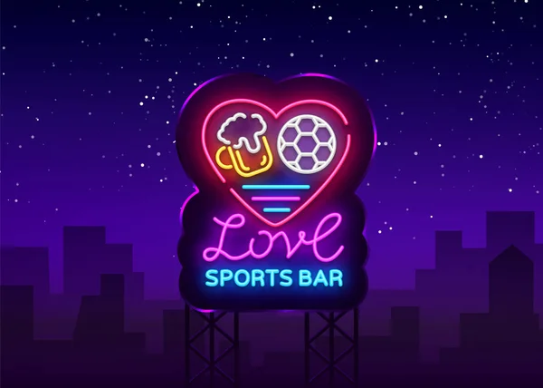 体育酒吧标志霓虹矢量。体育酒吧霓虹灯, 我爱啤酒和足球的概念, 夜生活明亮的招牌为体育酒吧, 酒吧, 风扇俱乐部, 餐厅, 足球杯, 足球在线。矢量广告牌 — 图库矢量图片