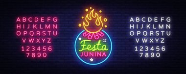 Festa Junina Festival vektör çizim. Neon stil, modern trend tasarım tasarım şablonudur. Latin Amerika tatil, Brezilyalı parti, Portekizce Festa Junina üzerinde yazıt. Metin neon işareti düzenleme