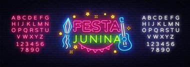 Festa Junina tebrik kartı tasarım şablonu neon vektör. Modern eğilim tasarım, neon tabela, ışık afiş. Vektör Brezilyalı Festival tebrik kartı, davet veya festival posteri için. Metin neon işareti düzenleme