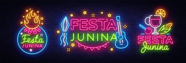 Festa Junina tebrik kartı toplama tasarım şablonu neon vektör. Modern eğilim tasarım, neon tabela, ışık afiş. Brezilyalı June Festival tebrik kartı, davet veya festival posteri için vektör. Vektör