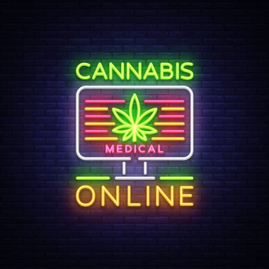 Marihuana tıbbi Logo Neon vektör. Online esrar, esrar sigara, depolama ve cannabino tıbbi malzeme, ışık afiş, büyüyen tasarım şablonu. Vektör çizim
