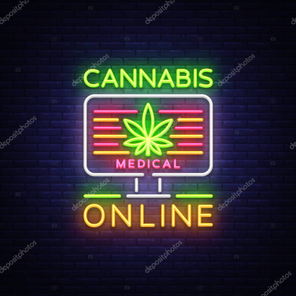 Marijuana Medical Logo Neon Vector. Cannabis Online, Marijuana smoking, storing and growing cannabino medical equipment, light banner, design template. Vector illustration.