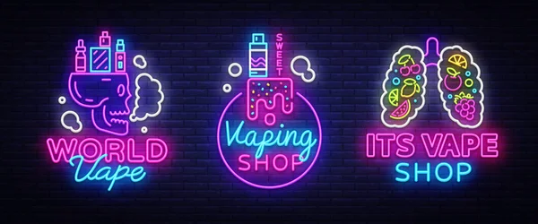 Logók gyűjtemény elektronikus cigaretta-neon stílusban. VAPE bolt Neon jelek készlet, Vape Shop fogalmak, jelkép, fényes éjszaka jelzőtábla, Neon reklám elektronikus cigaretta. Vektoros illusztráció — Stock Vector