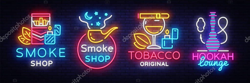 Cigarette Shop Logo collection Neon Vector. Smoke shop neon signs, Hookah lounge, vector design template vector illustration on tobacco theme, bright night cigarette advertisement. Vector.
