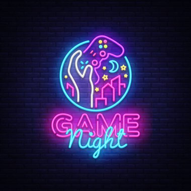 Oyun gece neon işareti vektör logo tasarım şablonu. Oyun gecesi logo neon tarzı, el, video oyun kavramı, modern trend gamepad, ışık banner, parlak gece hayatı reklam tasarımı. Vektör