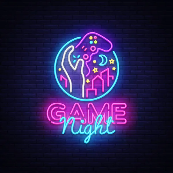 Oyun gece neon işareti vektör logo tasarım şablonu. Oyun gecesi logo neon tarzı, el, video oyun kavramı, modern trend gamepad, ışık banner, parlak gece hayatı reklam tasarımı. Vektör — Stok Vektör