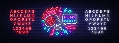 Serseri parti Neon işareti vektör. Rock müzik logo, gece neon tabela, tasarım öğesi davete Rock parti, konser, festival, gece parlak reklam, banner ışık. Vektör. Metin neon işareti düzenleme