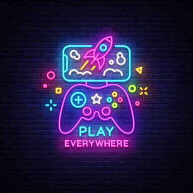 Neon işareti vektör Gamepad ve Smartphone. Oyunlar Smartphone logo, Modern Trend tasarım, amblem için şablon, ışık afiş, gece canlı Video oyunu tanıtım, tasarım öğesi vektör. Vektör