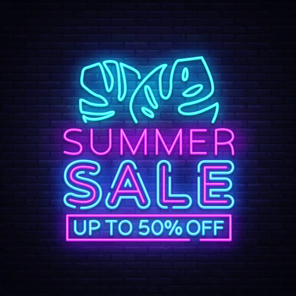 Summer Sale Flyer Design Template Vector. Summer discounts brochure with tropical leaves, modern trend design, neon style, light banner, bright neon advertising. Vector illustration — Stock Vector