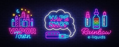 Vape dükkanı neon işareti koleksiyonu vektör. Vaping mağaza logolar amblem Neon, onun Vape salonu konsept buharı kasaba, Rainbow E-sıvılar, mücadele yasaktır ayarlayın. Reklam için moda tasarımcısı öğeleri. Vektör