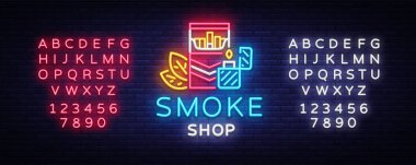 Duman mağaza Logo Neon vektör. Sigara neon tabela alışveriş, tütün tema, parlak gece sigara reklam tasarım şablonu vektör çizim vektör. Vektör. Metin neon işareti düzenleme