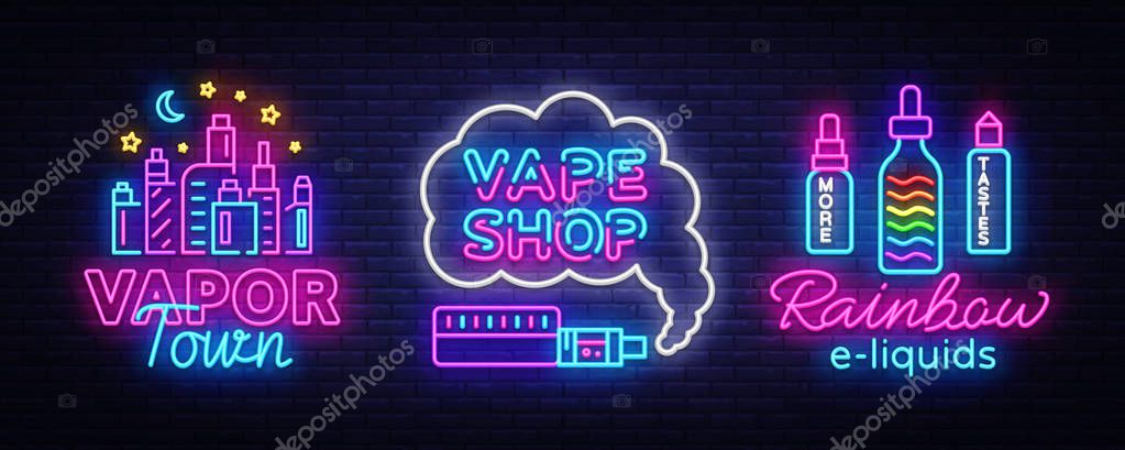 Vape shop neon sign collection vector. Vaping Store Logos set Emblem Neon, Its Vape Shop Concept Vapor Town, Rainbow E-liquids, Fighting Smoking. Trendy designer elements for advertising. Vector.