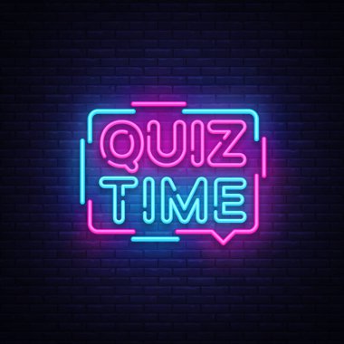 Zaman duyuru poster neon tabela vektör quiz. Pub Quiz vintage tarzı neon parlak harfler, parlayan ışık afiş, sorular oyunu takım. Vektör çizim