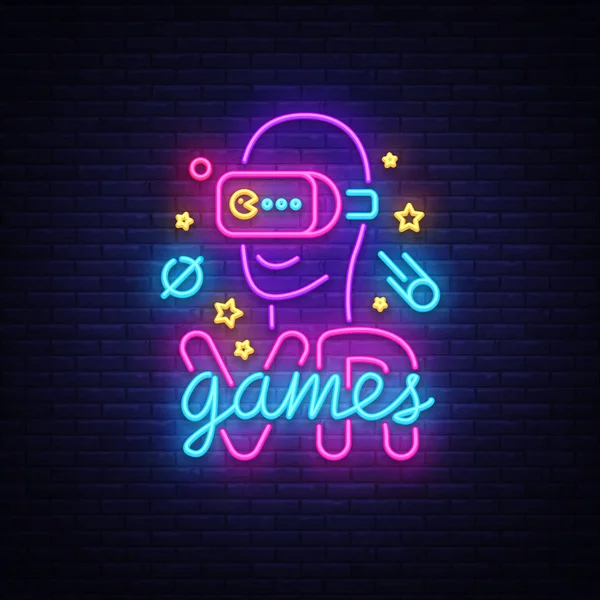 Vr Spiele Neon Sign Vektor. Virtual-Reality-Logotyp-Spiele, Emblem im modernen Trenddesign, Vektorschablone, Lichtbanner, lebendige Videospielwerbung in der Nacht, Gestaltungselement. Vektor — Stockvektor