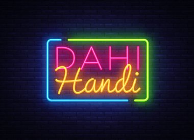 Dahi Handi kutlama tasarım şablonu. Janmashtami neon stil, ışık afiş, modern trend tasarım. Hint tatil Krişnalara Doğum günü. Vektör çizim