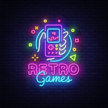 Tekrarlamak spor vektör Logo. Retro geek oyun gamepad el neon tabela, modern trend tasarım, canlı vektör çizim, promosyon karakter Oyunlar, Vintage işareti. Vektör çizim