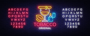 Tütün dükkanı logo vektör. Sigara salonu gece parlak reklam tasarım şablonu. Vektör çizim. Metin neon işareti düzenleme