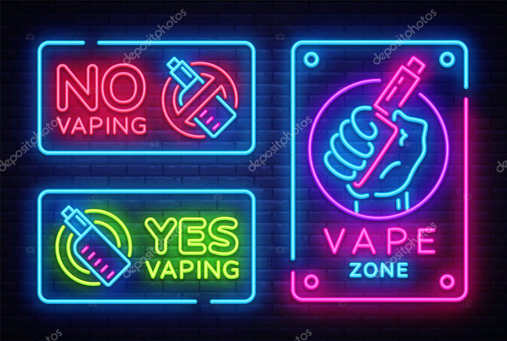 Vaping neon signs collection vector template, light banner, bright night illustration, symbol, places for vape, no vaping, vaping ban, electronic cigarette neon. Vector illustration.