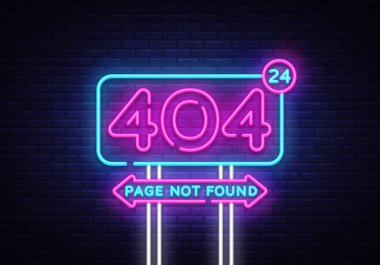 404 sayfa vektör afiş bulunamadı. 404 hatası tasarım şablonu, neon işareti billboard, çağdaş tasarım tasarım. Vektör çizim