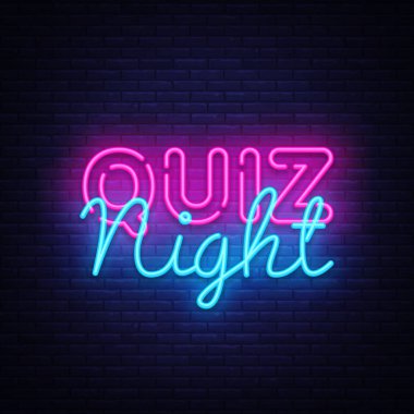 Gece duyuru poster vektör tasarım şablonu quiz. Gece neon tabela, ışık afiş quiz. Pub quiz pub ya da bar, gece kulübü düzenledi. Pub takım oyunu. Soru oyun parlak ışık işareti. Vektör