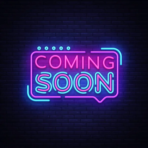 Coming Soon Neon Sign Vector. Coming Soon Badge in neon style, design element, light banner, announcement neon signboard, night neon advensing. Vector Illustration — Stock Vector