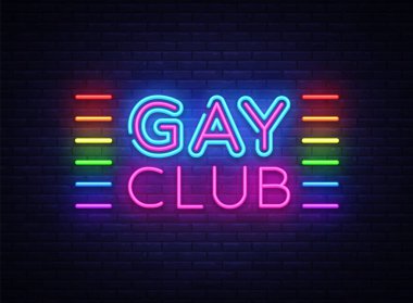 Eşcinsel kulübü neon işareti vektör. Gay Club tasarım şablonu neon tabela, ışık afiş, neon tabela, parlak reklam, her gece yazıt ışık. Vektör çizim