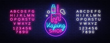 Logo neon tarzı elektronik sigara. Vape dükkanı Neon tabela, tatlı Vape dükkanı kavramı, amblem, parlak gece tabela, Neon elektronik sigara reklam. Vektör. Metin neon işareti düzenleme