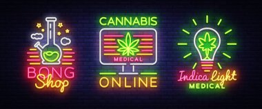 Marihuana tıbbi logoları koleksiyonu Neon vektör. Esrar Online, nargile salonu, Indica kavramı, esrar yasaktır, depolama ve cannabino tıbbi malzeme, ışık afiş büyüyen. Vektör çizim
