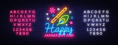 Mutlu Janmashtami tebrik kartı neon vektör tasarım şablonu. Neon tabela, modern trend tasarım Hint Festivali için. Dahi handi Janmashtami kutlama var. Şablon el ilanı. Vektör. Metin neon işareti düzenleme
