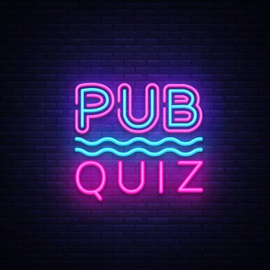 Pub Quiz night announcement poster vector design template. Quiz night neon signboard, light banner. Pub quiz held in pub or bar, night club. Pub team game. Questions game bright retro sign. Vector clipart