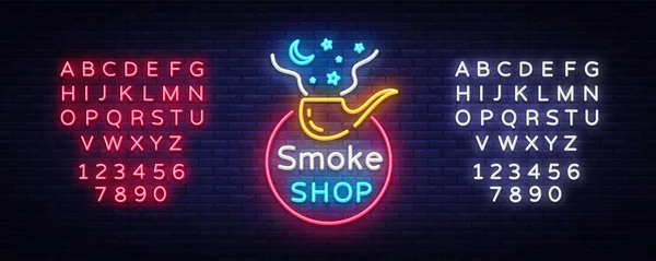 Smoke Store Logo Neon Vector. Sinal de néon de loja de cigarros, ilustração vetorial de modelo de vetor no tema do tabaco, propaganda de cigarro noite brilhante. Vector. Edição de texto sinal de néon —  Vetores de Stock